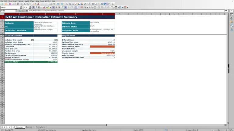 Preview of HVAC Air Conditioner Installation Estimate Excel Template