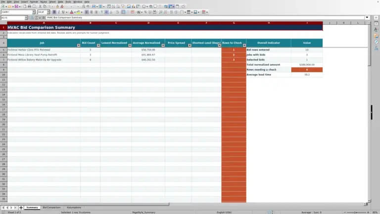 Preview of HVAC Bid Comparison Excel Spreadsheet
