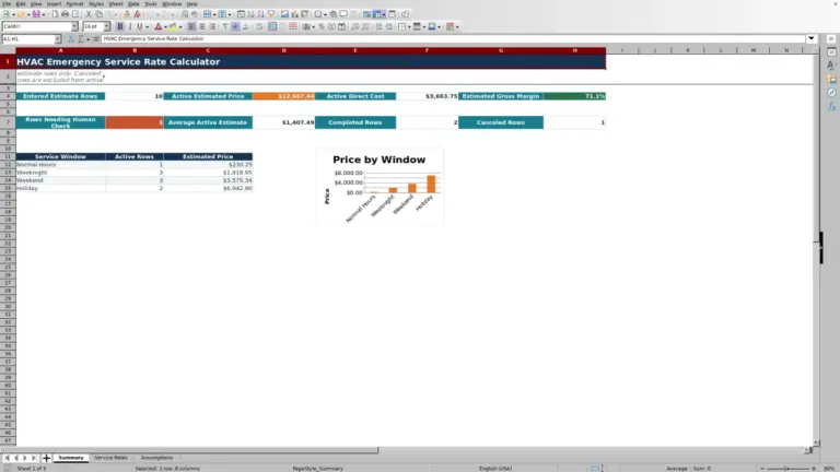 Preview of HVAC Emergency Service Rate Calculator Excel Template