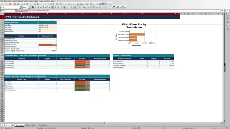 Preview of HVAC First-Time Fix Dashboard Excel Template