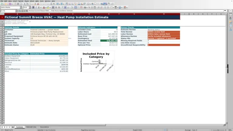 Preview of HVAC Heat Pump Installation Estimate Excel Template