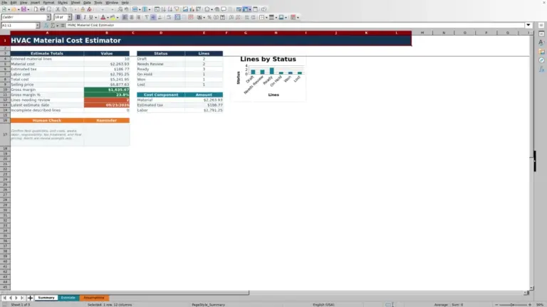Preview of HVAC Material Cost Estimator Excel Template