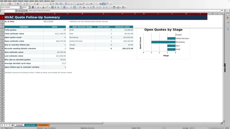 Preview of HVAC Quote Follow-Up Tracker Excel Template