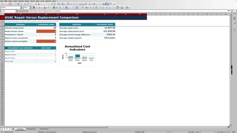 Preview of HVAC Repair vs. Replacement Comparison Excel Workbook