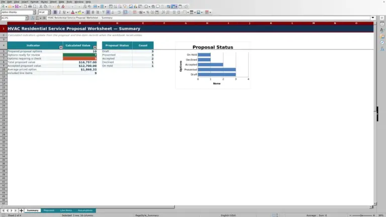 Preview of HVAC Residential Service Proposal Worksheet for Excel