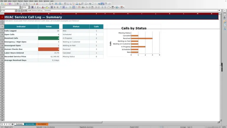 Preview of HVAC Service Call Log Excel Template