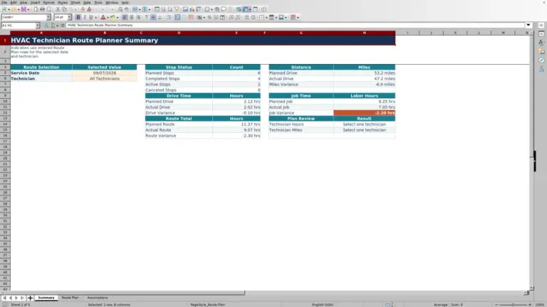 Preview of HVAC Technician Route Planner Excel Workbook